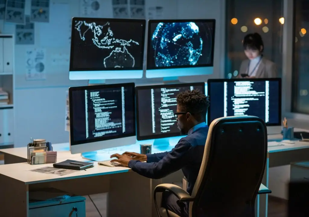 Young contemporary cyber security manager typing in front of computer